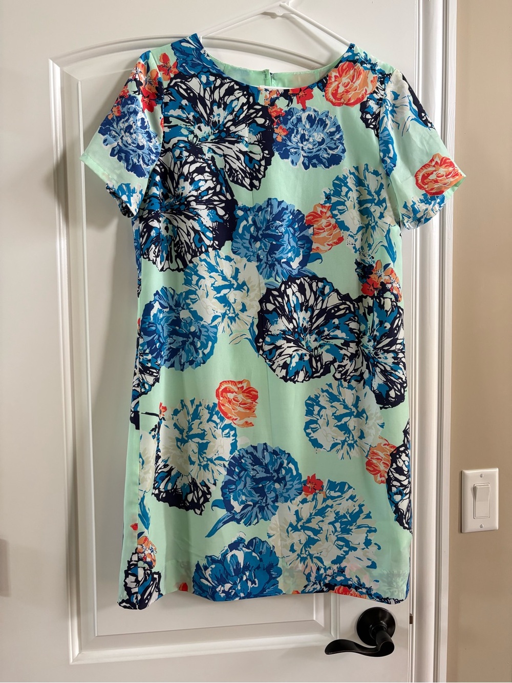 J. Crew Mint Shift Dress with Blue & Coral Floral Print